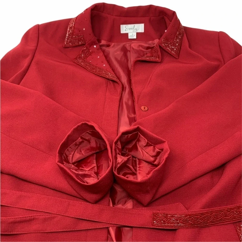 Vintage Emily… Embellished Trim Long Belted Blazer Red Sz 16 Notch Lapel Button